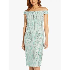 Adrianna Papell Beaded Off Shoulder Midi Sheath Sea Glass Dress Size 8